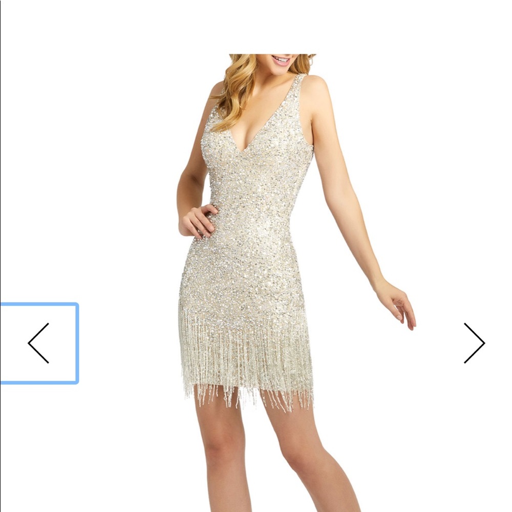 Mac Duggal, Sequin Bugle Beaded Fringe Dress